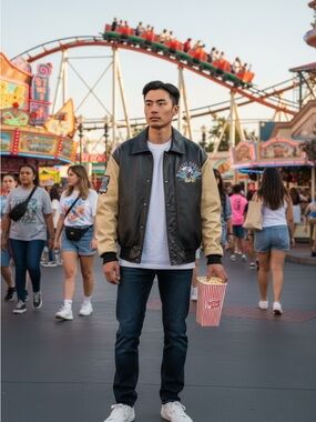 Disney 1990s Leather Varsity Bomber Jacket with Embroidered Patches Medium